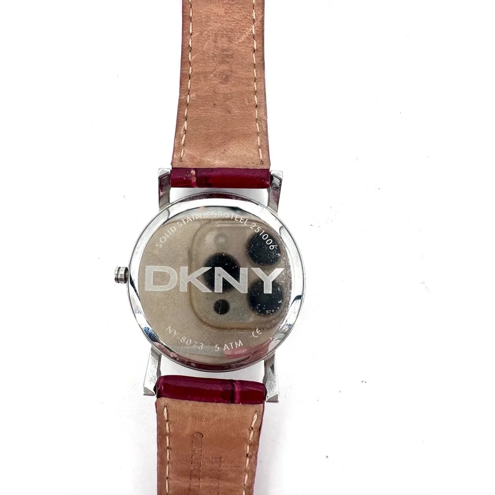 DKNY Women's Watch Burgundy Croc Embossed Leather Silver Tone New Battery